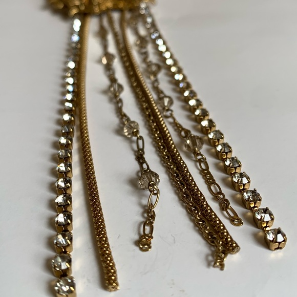 Long 28 Inch Muti Chain Necklace With Butterfly Pendant Gold Tone Rhinestones - Picture 3 of 10
